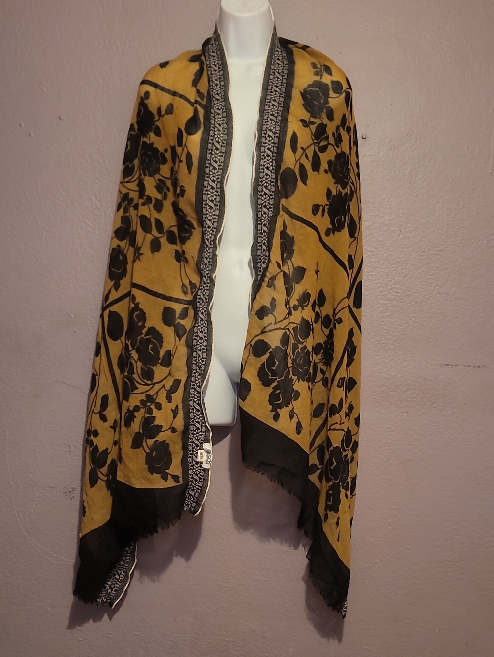 Women’s Mustard Floral Wrap Shawl - Black Floral Print